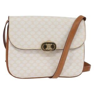 Authentic CELINE Macadam Canvas Shoulder Bag PVC Leather White Gold